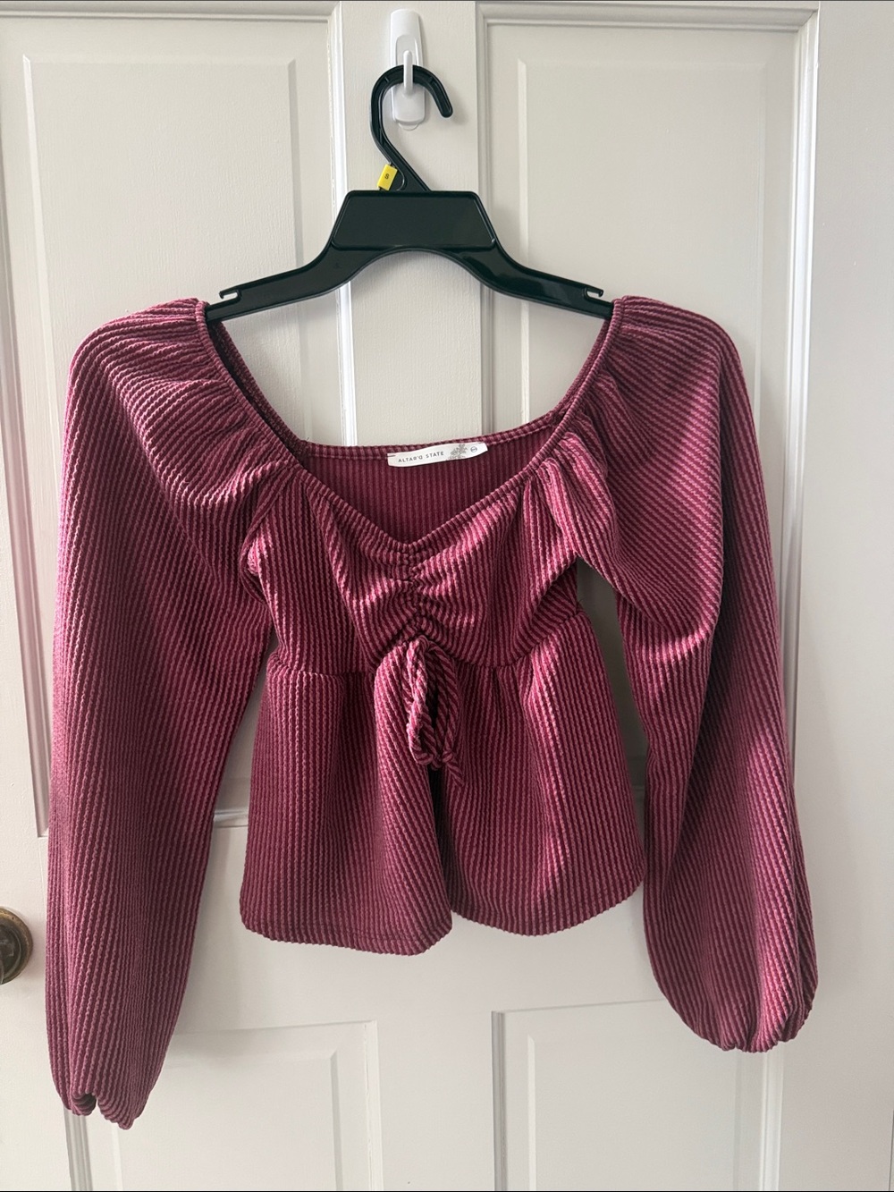 Altar'd State Berry Ruched Square-Neck Long Sleeve Top
